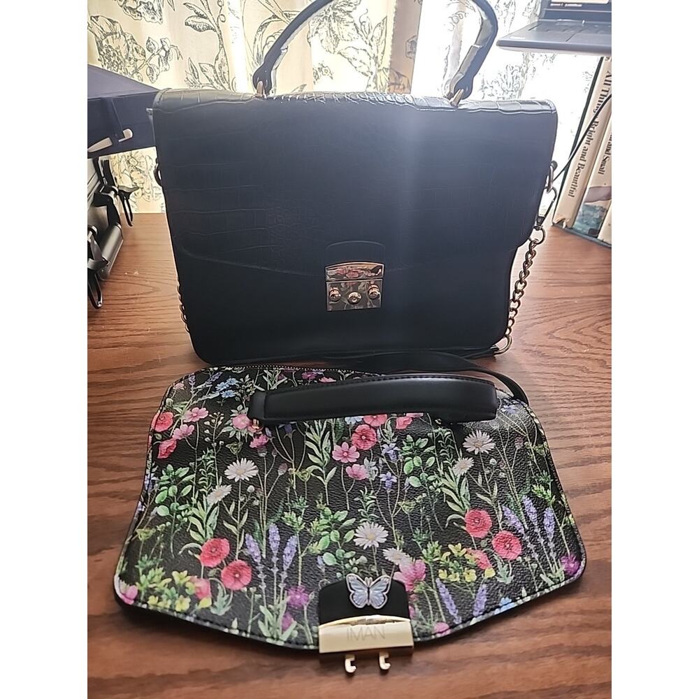 Iman Handbag All Black Croc Emboss and Floral interchageable top